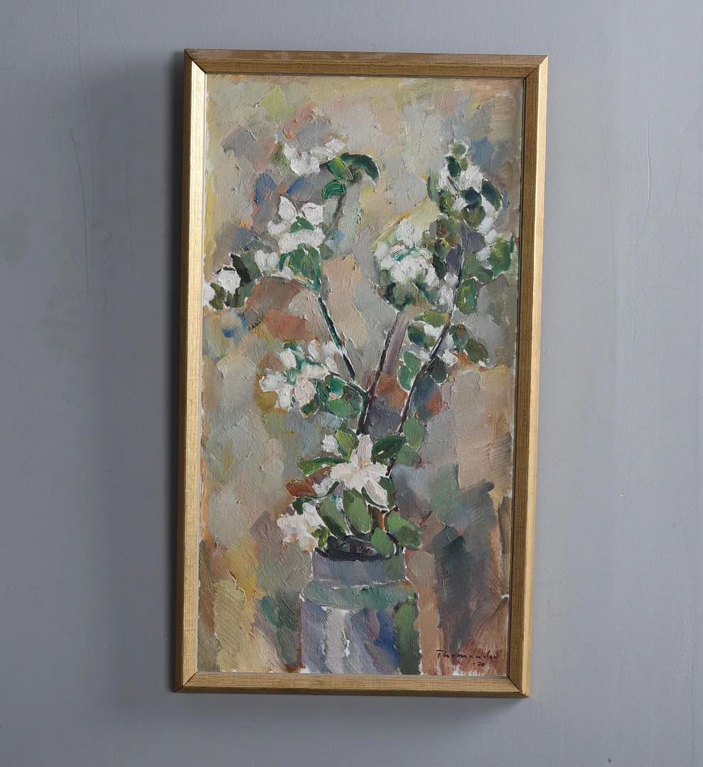 HARRY THOMANDER. OLJA PÅ DUK, STILLEBEN, "ÄPPELBLOM", SIGNERAD OCH DATERAD 1970. — Paintings — Örebro Stadsauktioner
