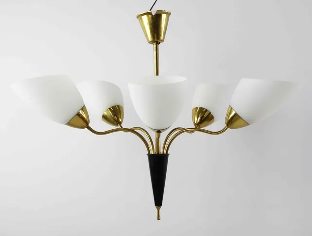 TAKLAMPA, mässing, glas, 1950-tal.