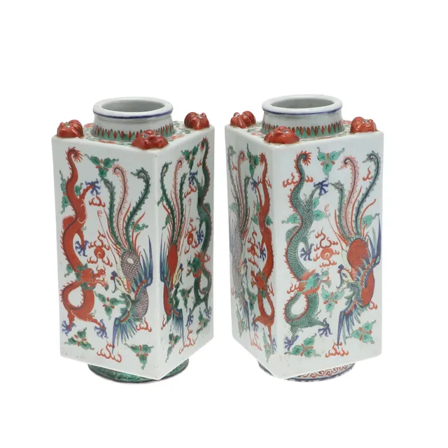 PAIR OF CHINESE CONG SHAPED VASES - DRAGON & PHOENIX.