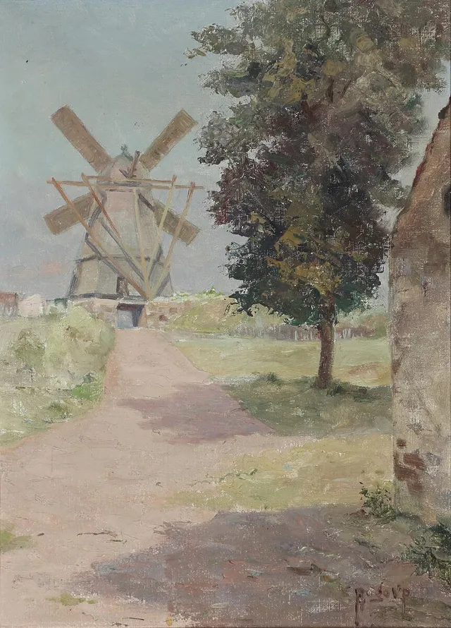 A mill in a summer landscape. Signed Hugo V. P. Oil on canvas. 45×33 cm.