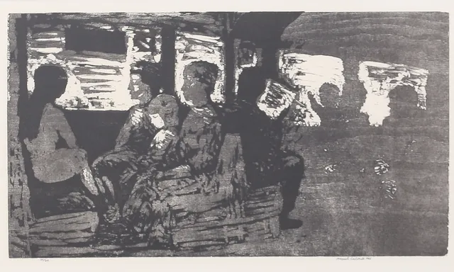 MARGARETA CARLSTEDT. Människor på tåg. Litografi, signerad och numrerad 130/210, daterad 1966.