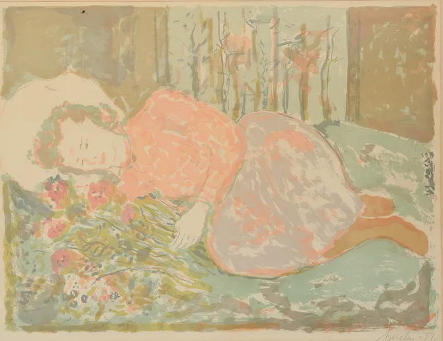 ALBIN AMELIN. "Kvinna på schäslong", färglitografi, signerad.