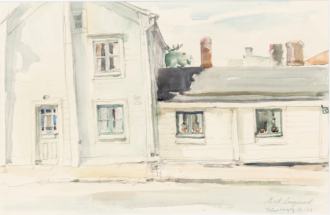 ERIK LANGEMARK (1915-97). "Nötabergsgatan 26-24", akvarell, signerad. — Paintings — Auktionshuset Kolonn