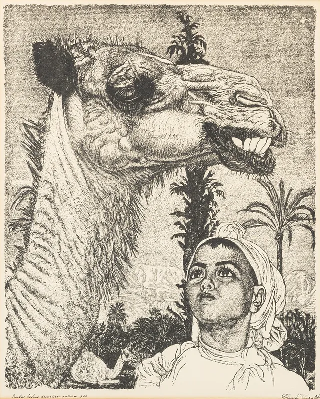 EDUARD WIIRALT. EFTER. "Berberi tüdruk kaameliga", litografiskt tryck, signerad och daterad i trycket, 1940.