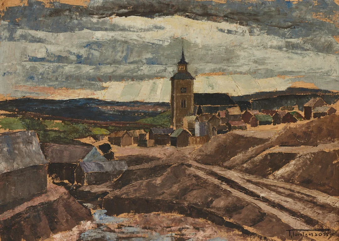 TORSTEN TORSTENSON. Bylandskap med dramatisk himmel, olja på duk monterad på pannå, signerad. — Paintings — Crafoord Auktioner Stockholm