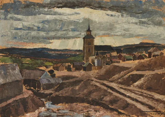 TORSTEN TORSTENSON. Bylandskap med dramatisk himmel, olja på duk monterad på pannå, signerad.
