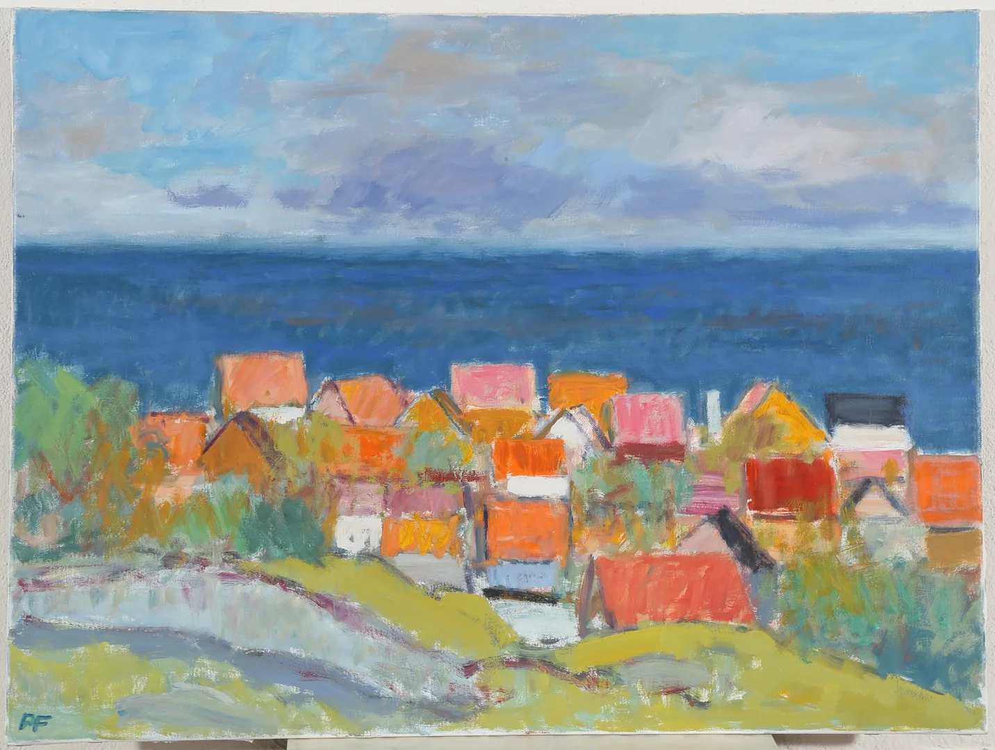 PER FLEMMING (F. 1940). Kystlandskab med huse, olie på lærred. — Paintings — Bidstrup Auktioner