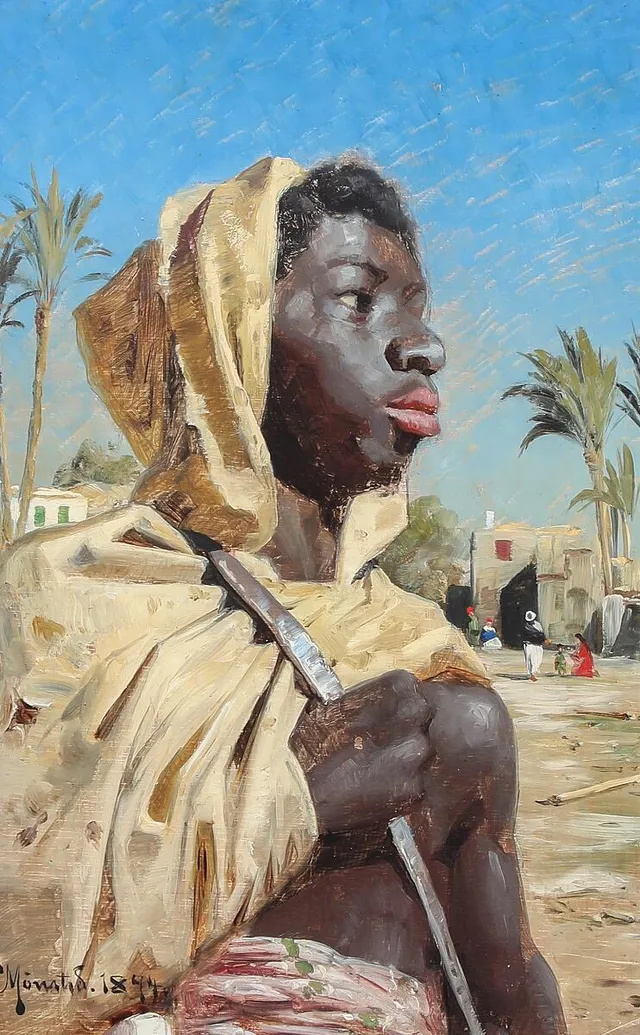 Portrait of a Nubian Guard. Signed and dated P. Mønsted, 1894. Oil on panel. 31×20 cm.