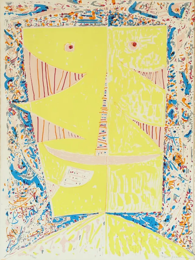 Mask Composition. Signed Egill Jacobsen, 93/150. Lithograph in colours. Sheet size 76×57 cm.
