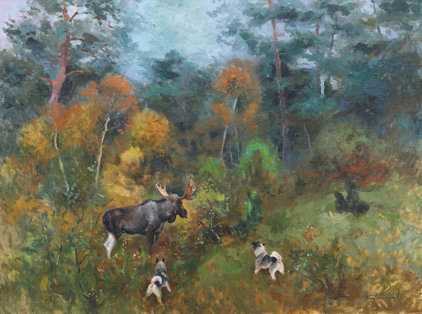 HARALD GRENNARD (FÖDD 1920). Älg med hundar, olja på duk, signerad. — Paintings — Garpenhus Auktioner