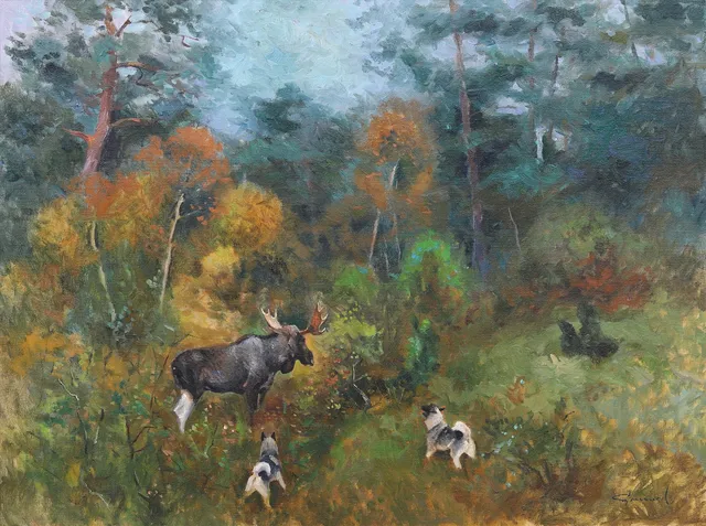 HARALD GRENNARD (FÖDD 1920). Älg med hundar, olja på duk, signerad.