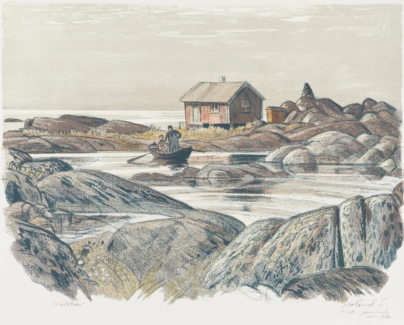 ROLAND SVENSSON (1910-2003): "Nätbåten, Gillöga" 1970, signerad roland S, f-sta provtryck, färglitografi. — Engravings & Prints — Crafoord Auktioner Stockholm