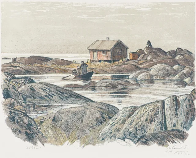 ROLAND SVENSSON (1910-2003): "Nätbåten, Gillöga" 1970, signerad roland S, f-sta provtryck, färglitografi.