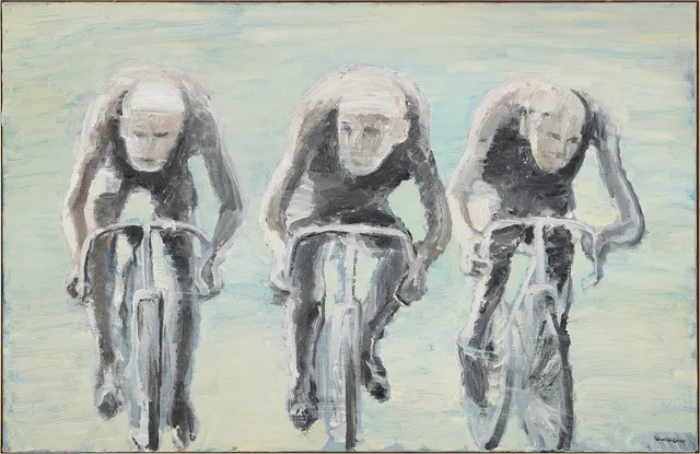 BERTRAM SCHMITERLÖW (1920-2002). "Tre cyklister", olja på duk, signerad.