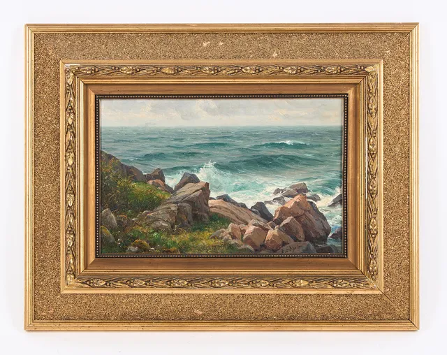 BERNDT LINDHOLM. Strandbränningar, signerad, olja på pannå.