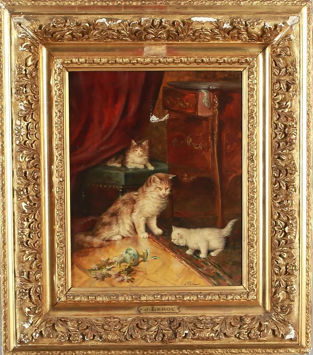 JULES GUSTAVE LE ROY. Interiör med katter, olja på duk, signerad.