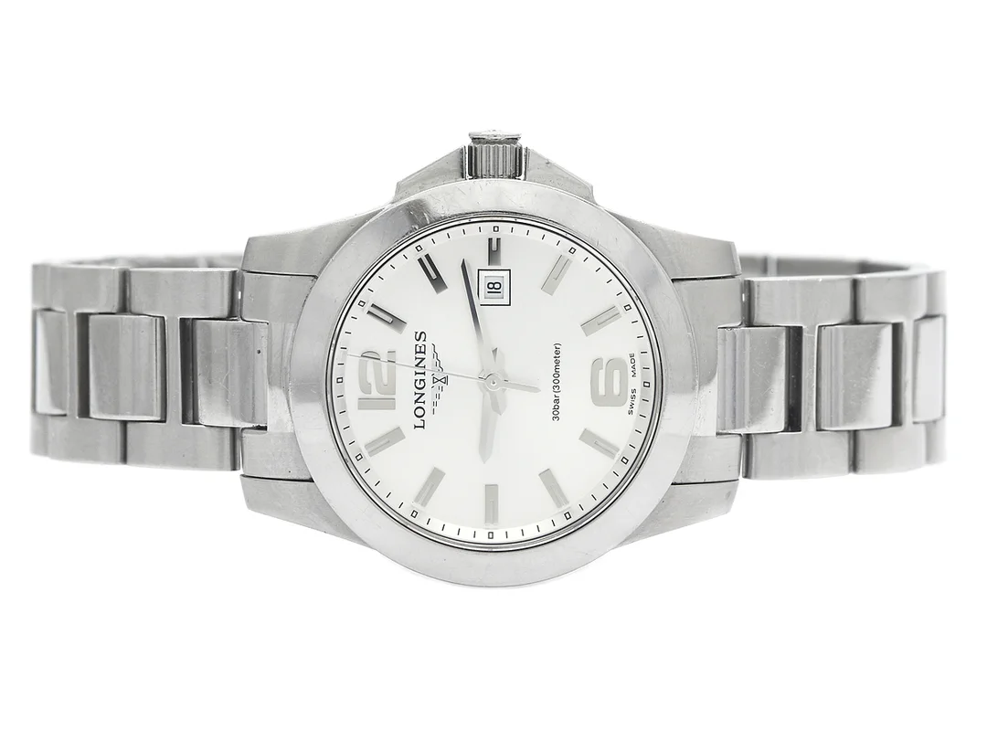 LONGINES, Conquest (30bar/300meter), Cal L250.2, Ref nr. L3.277.4,76.6, Boett nr. 39343313, damur, 29 mm, stål, quartz, safirglas, datum, skadad urtavla, originallänk, viklås, Ref nr. L600131634W, ca 2012. — Klockor/Longines — Kaplans