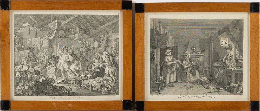 WILLIAM HOGARTH. EFTER. Gravyrer, 2 st, "Strolling Actresses derssing in a Barn" och "The Distressed Poet", graverade av Ernst Ludwig Riepenhausen. — Engravings & Prints — Stockholms Auktionsverk Helsingborg