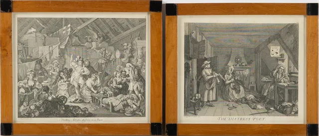 WILLIAM HOGARTH. EFTER. Gravyrer, 2 st, "Strolling Actresses derssing in a Barn" och "The Distressed Poet", graverade av Ernst Ludwig Riepenhausen.