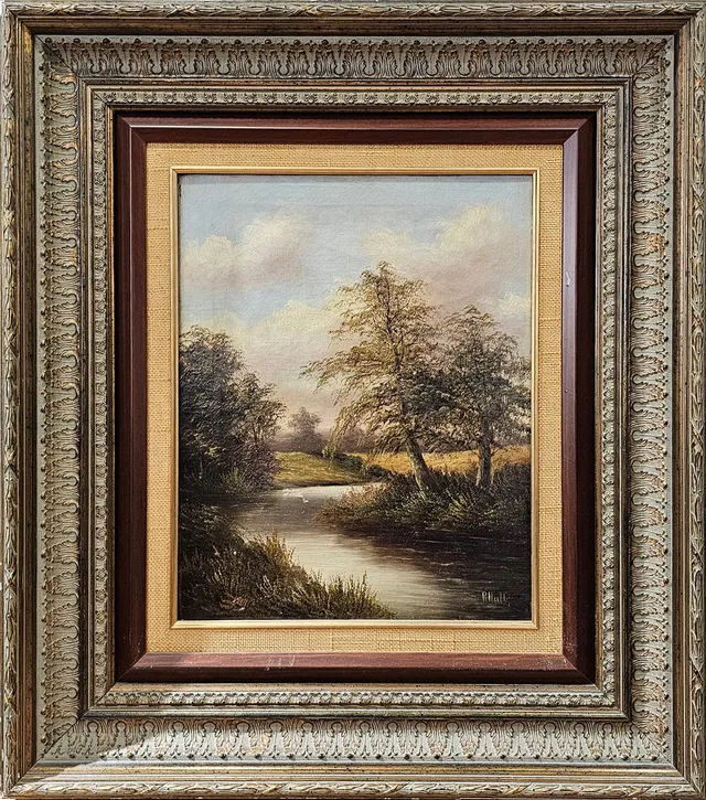 FIRMA ILEGIBLE. Óleo sobre lienzo. "Paisaje con río".