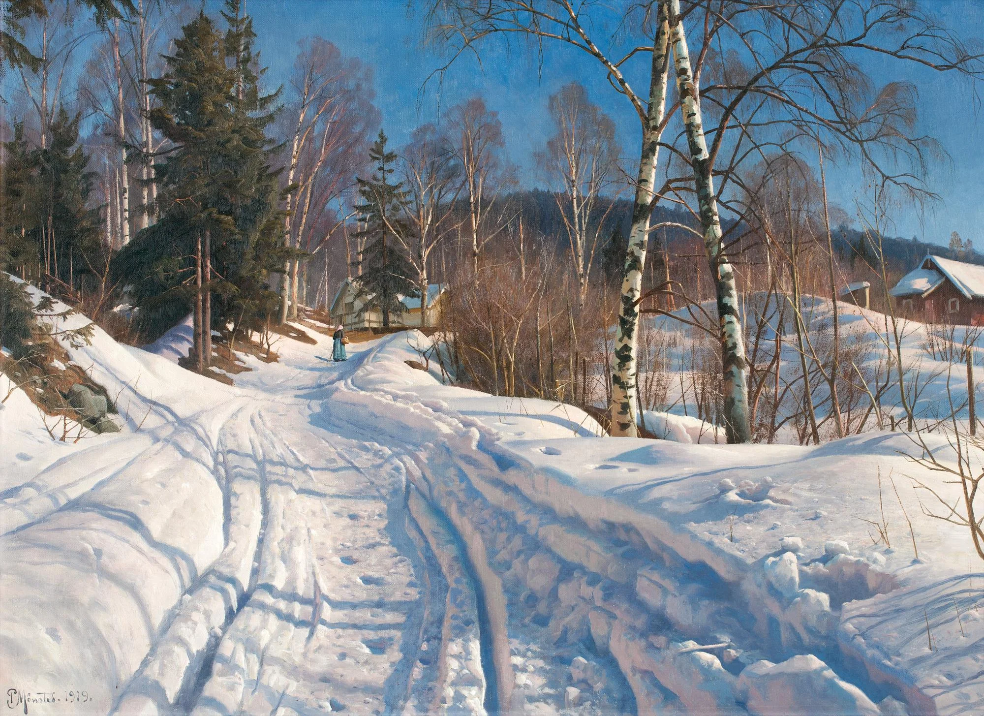 Peder Mork Mönsted, Solbelyst vinterlandskap. — Bukowskis