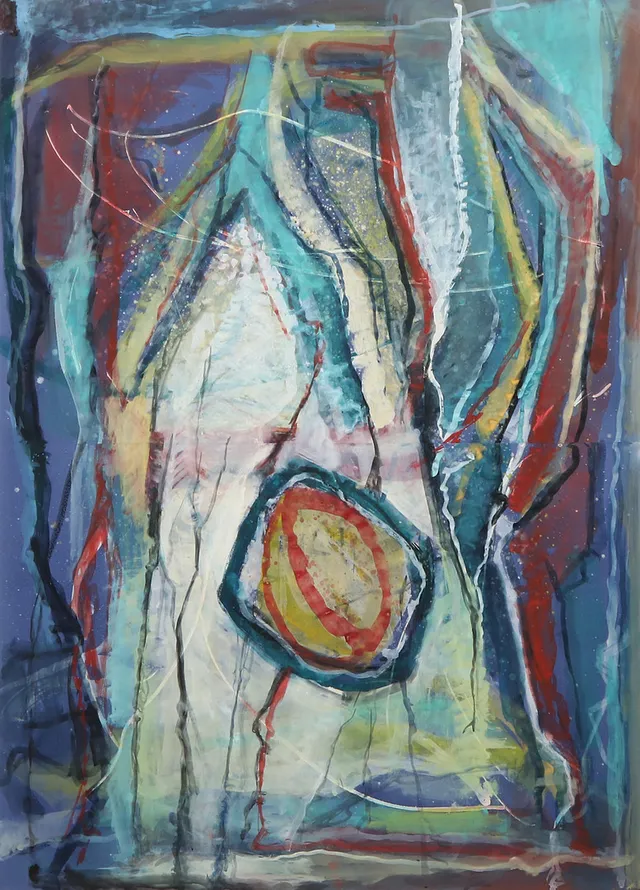 OLLE SVANLUND. Gouache, papper uppklistrade på pannå. Komposition, "Mångtydig livsuppgift". Osignerad.