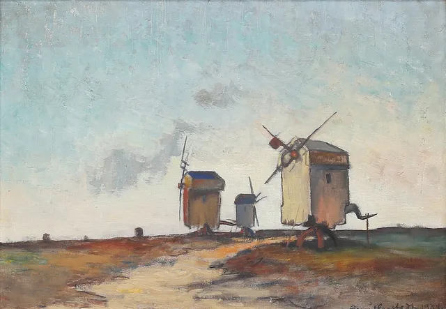 RENÉ HAGSTEDT. Väderkvarnar, Öland. Olja på duk, uppfodrad på pannå, signerad och daterad 1939.