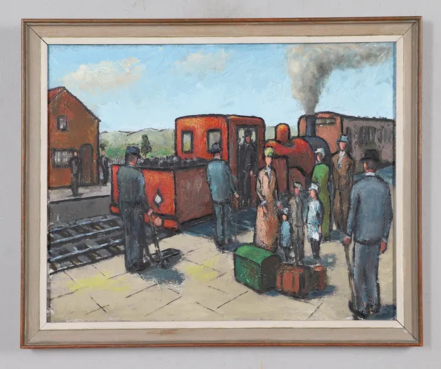 MID-20TH CENTURY ENGLISH SCHOOL. STEAM TRAIN ON A STATION PLATFORM WITH PASSENGERS IN THE FOREGROUND.
