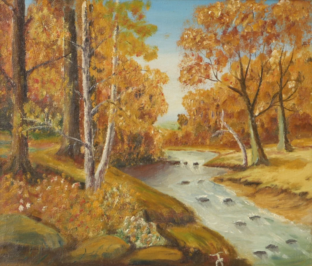 OIDENTIFIERAD KONSTNÄR. Skogsbäck, olja på duk, otydligt signerad. — Paintings — Helsingborgs Auktionskammare
