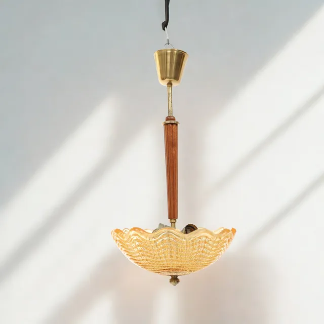 CARL FAGERLUND. Taklampa, Orrefors, Swedish modern, räfflad stomme och kupor av gjutet glas. Tre ljuspunkter.
