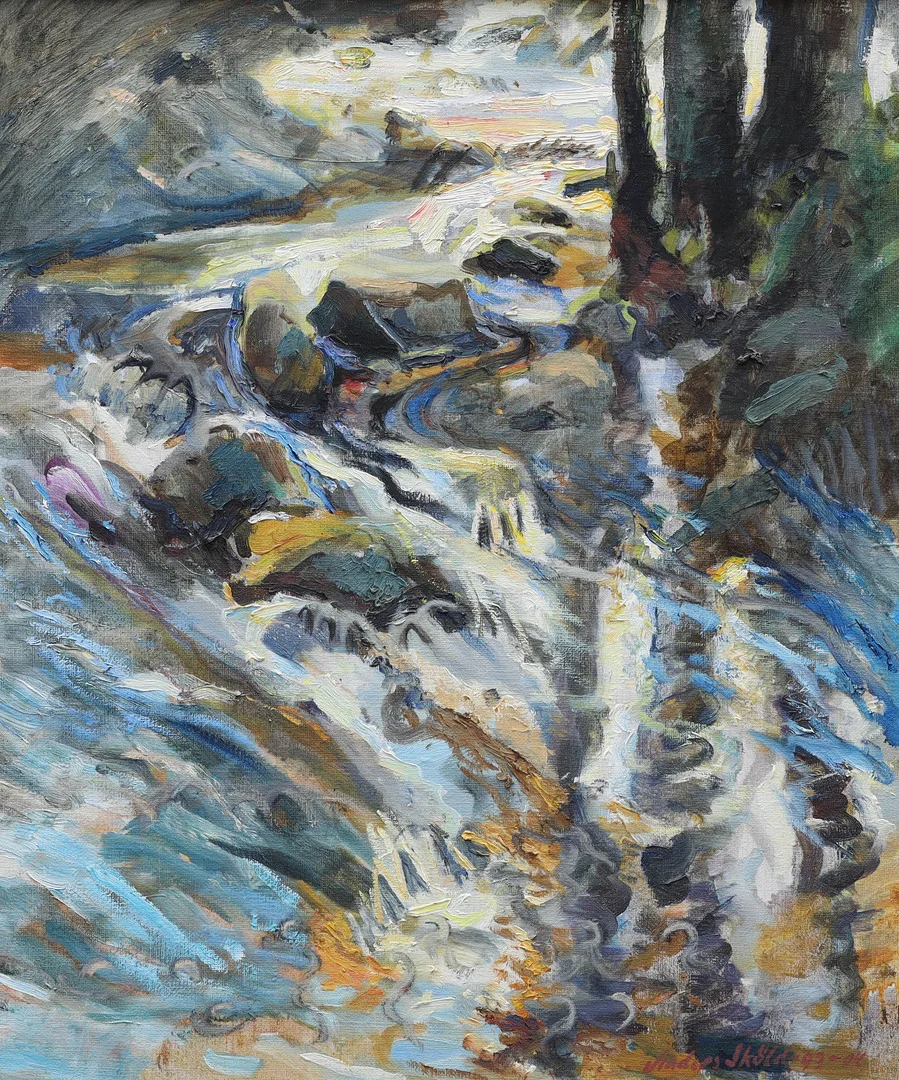 ANDERS SKÖLD. olja på duk, komposition vattendrag, signerad, daterad april -93. — Paintings — Auktionsmagasinet Vänersborg