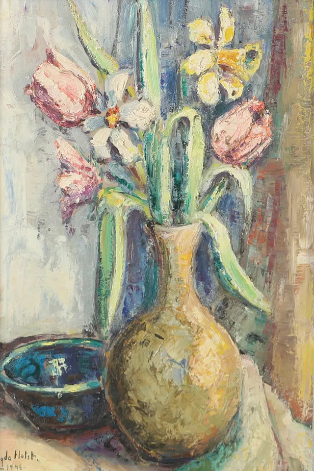 AGDA HOLST. Blomsterstilleben, olja på pannå, signerad 1946.