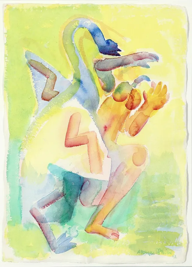 Leda and the Swan. Signed A. Haugen Sørensen 92. Watercolour on paper. Sheet size 70×49 cm.
