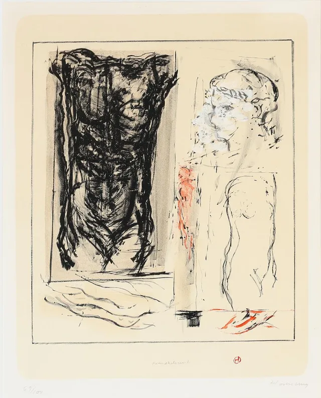 Composition. Signed monogram, 69/100. Hand-coloured lithograph. Visible size 58 × 47 cm.