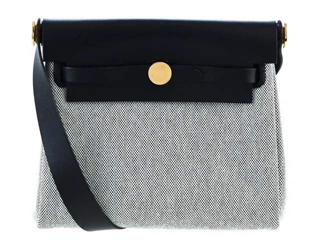 HERMÈS, VÄSKA, Mini Herbag, svart Vache Hunter-läder, ecrufärgad Toile canvas 100% bomull, guldfärgade beslag, 19x15x7 cm, märkt W, år 2024, care booklet, dustbag, originalkartong, plast kvar på beslag. Excellent Condition.