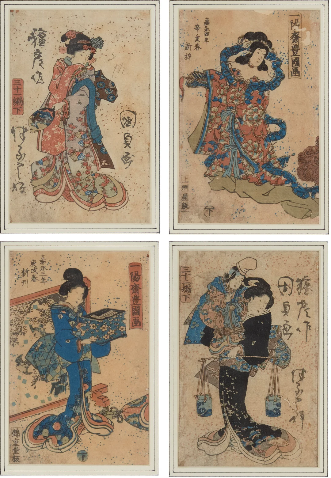 Toyokuni III/Kunisada — Fire ulike, midten av 1800-tallet. — Kunst/Grafikk — Blomqvist