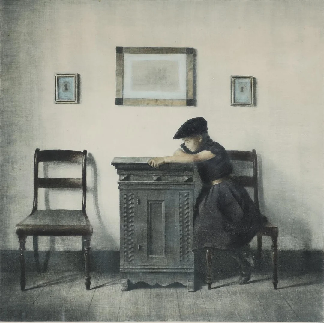 “Lille Pige med flad Hue”. A little girl with a flat cap. 1924. Op. 45. Unsigned. Inscribed “Radering af Peter Ilsted”. Mezzotint in colours. Visible size 56.5×56.5 cm. — Prints & Drawings — Bruun Rasmussen