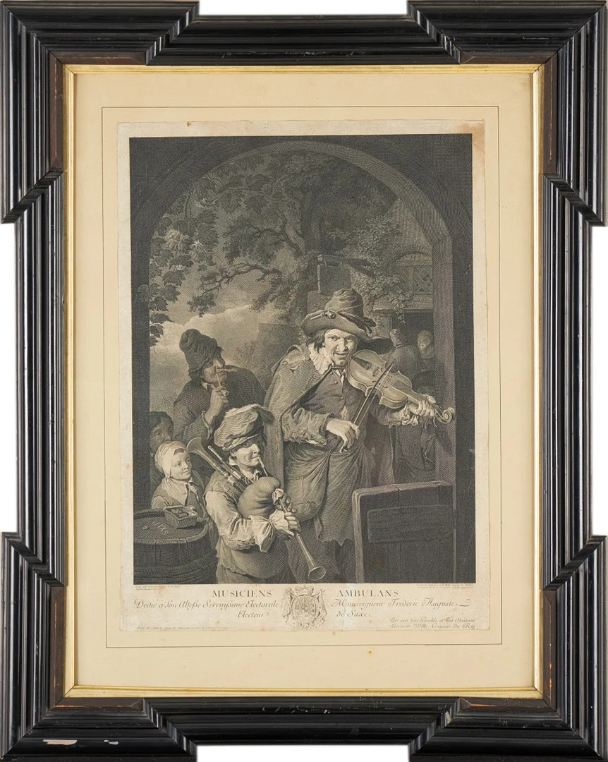JOHANN GEORG WILLE. "Musiciens Ambulans", kopparstick, 1700-tal. — Engravings & Prints — Crafoord Auktioner Stockholm