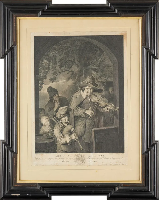 JOHANN GEORG WILLE. "Musiciens Ambulans", kopparstick, 1700-tal.