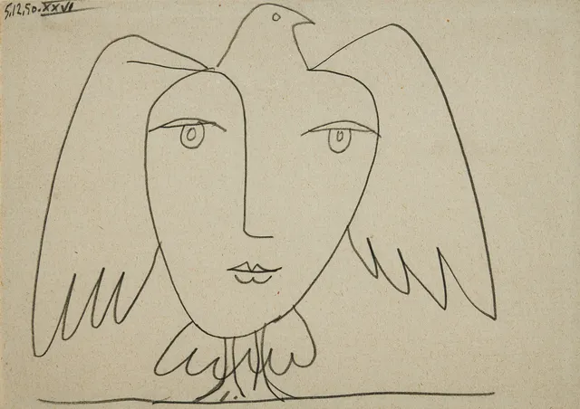 PABLO PICASSO. “Colombe aux Ailes ouvertes et Visage” from “Le Visage de la Paix” — No XXVI.