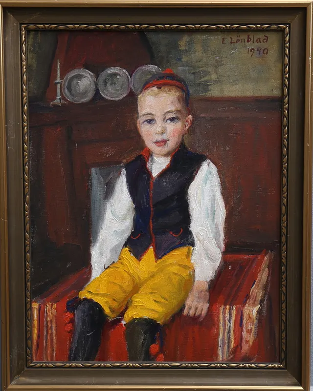 EMILIA LÖNBLAD (1865-1946). Olja på duk, gosse i folkdräkt, signerad och daterad 1940.