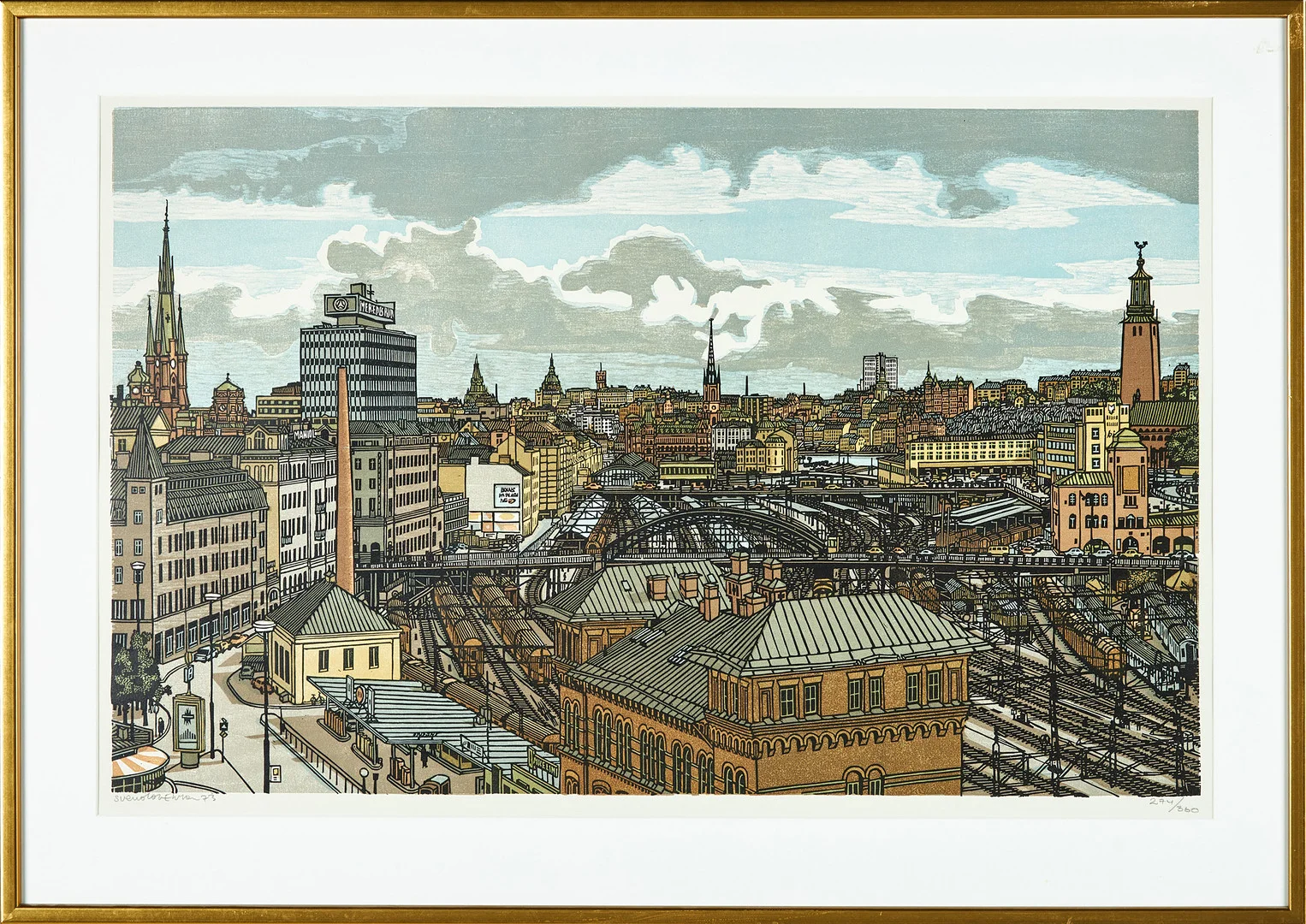 SVEN OLOF EHRÉN. LINOLEUMSNITT, Panorama över Stockholm central, signerad och daterad -73, samt numrerad 274/300. — Engravings & Prints — Stockholms Auktionsverk Sickla