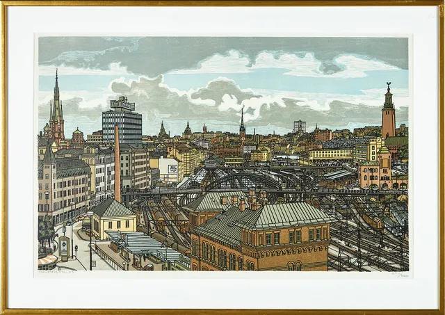 SVEN OLOF EHRÉN. LINOLEUMSNITT, Panorama över Stockholm central, signerad och daterad -73, samt numrerad 274/300.
