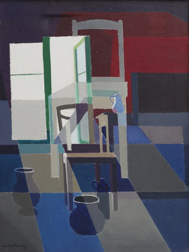 RICHARD BJÖRKLUND. ABSTRAKT INTERIÖR, OLJA PÅ DUK, SIGNERAD OCH DATERAD 1951.