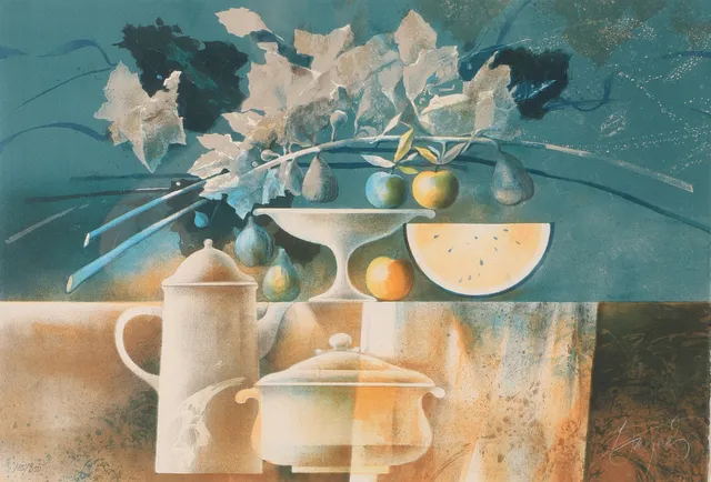 JOSEP BAQUÉS. Stilleben, färglitografi, signerad Baques.