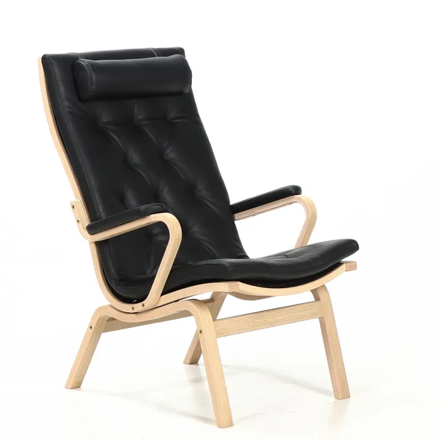 Finn Østergaard for Stouby. High armchair, 'Albert de Luxe', oak, black Florence leather.