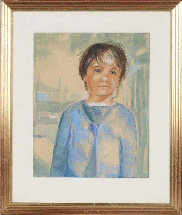 BIRGITTA SANDBERG. Barnporträtt, akvarell, signerad och daterad 1955.