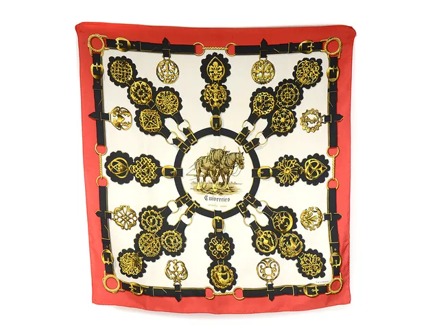 SCARF, HERMÈS, Cuivreries, Francoise de la Perriere, 100 % siden, 90x90 cm, röd, vit, svart, brun, gul. Någon fläck.