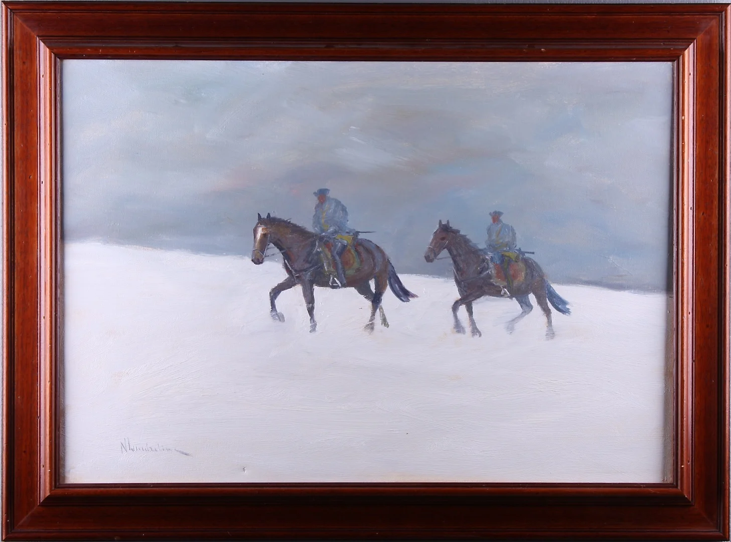 OIDENTIFIERAD KONSTNÄR. olja på duk, signerad, hästar i vinterland, 1900-tal. — Paintings — Södermanlands Auktionsverk