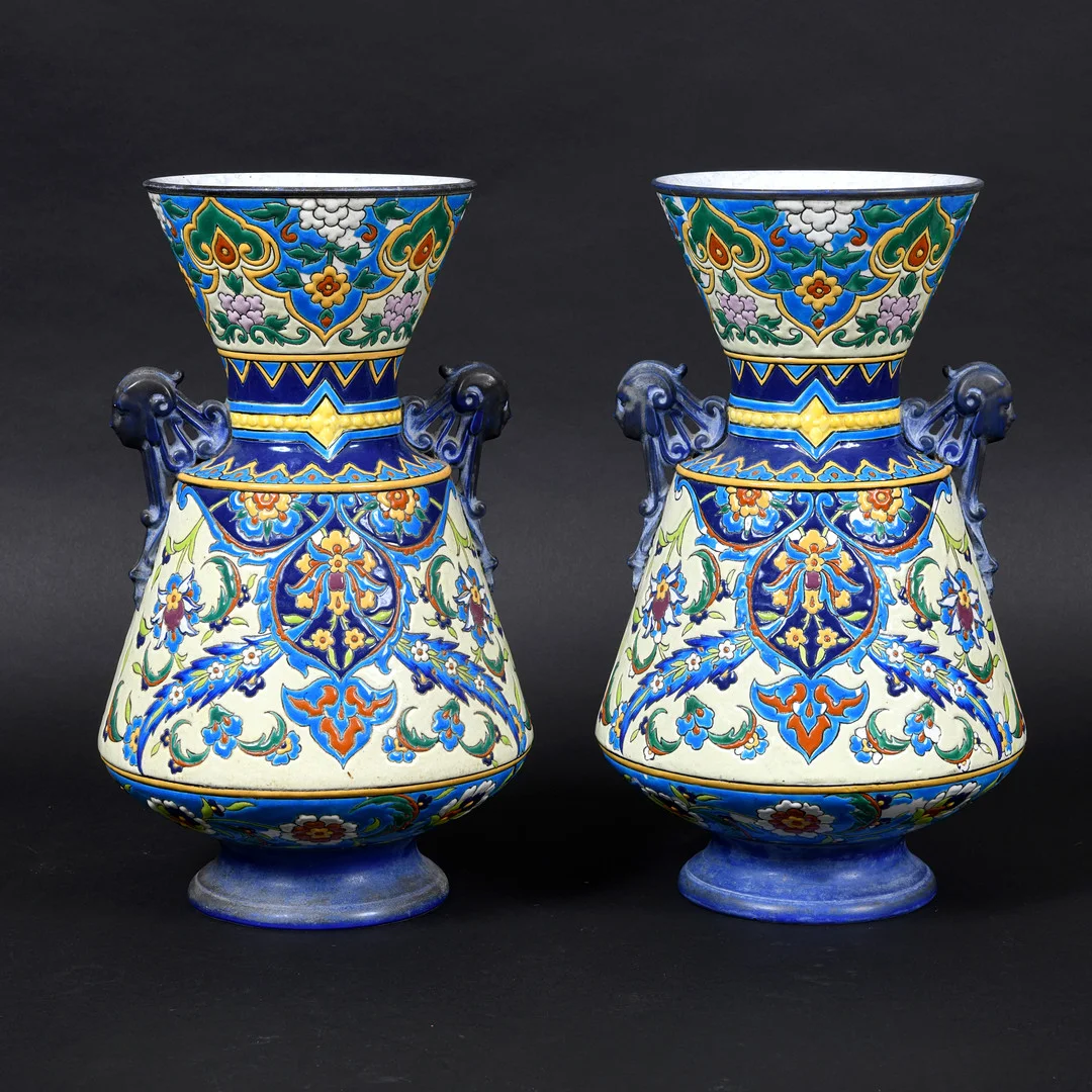LARGE PAIR OF SARREGUEMINES FRENCH POTTERY VASES - PERSIAN STYLE. — European — Lawrences Auctioneers